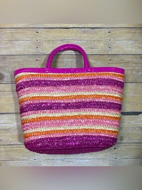 Woven Straw Tote Bag in Fuchsia, Pink, Orange & Cream